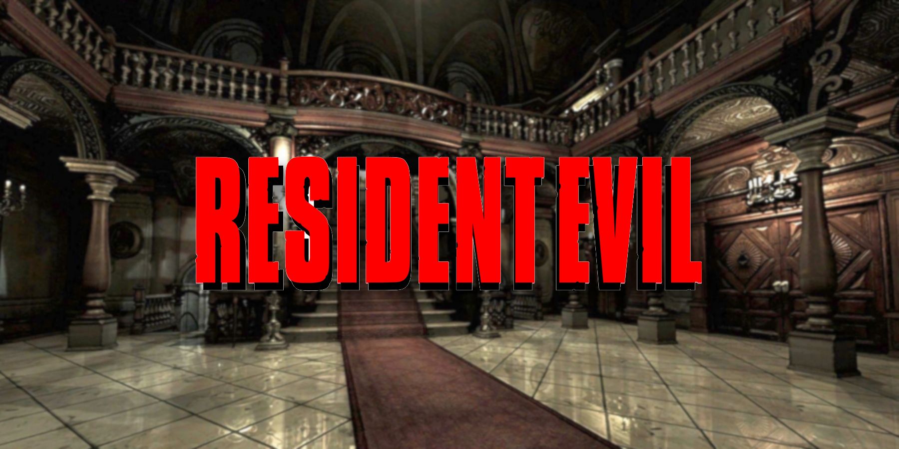 The original Resident Evil logo with the Spencer Mansion's entrance hall behind it.