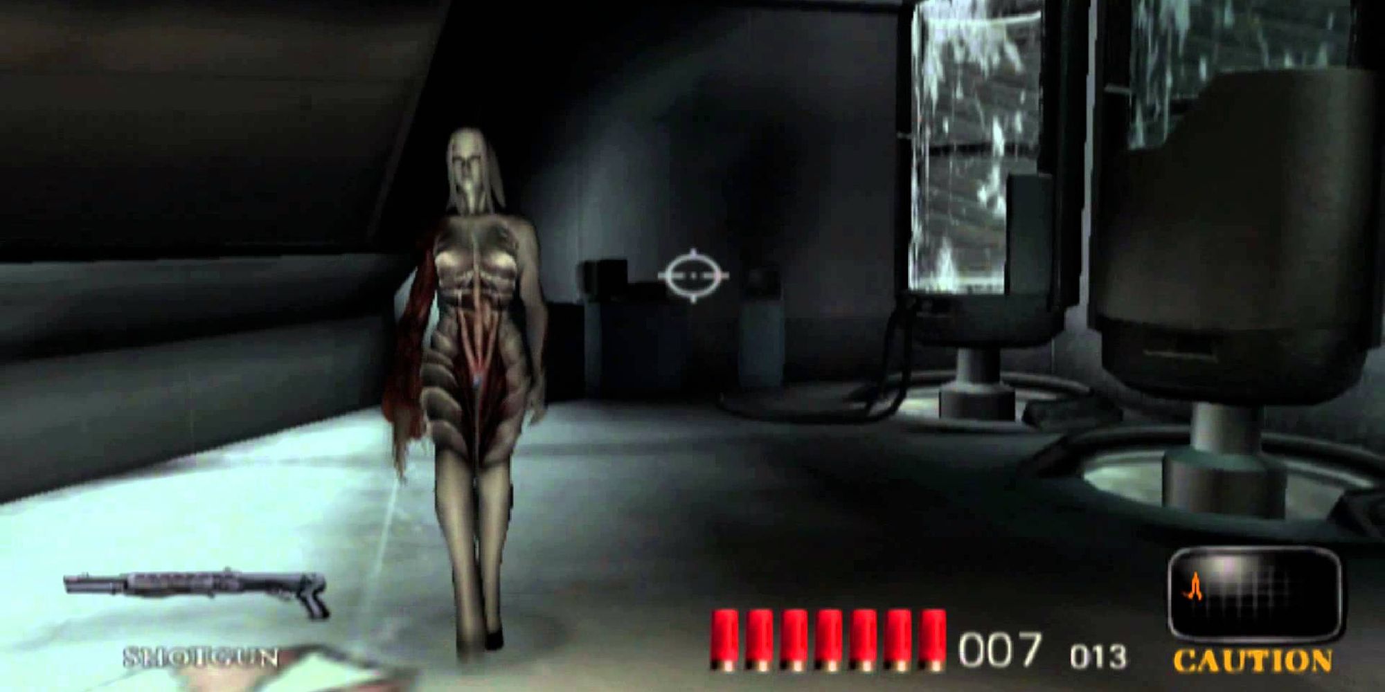 Player preparing to aim shotgun at approaching enemy in Resident Evil: Dead Aim