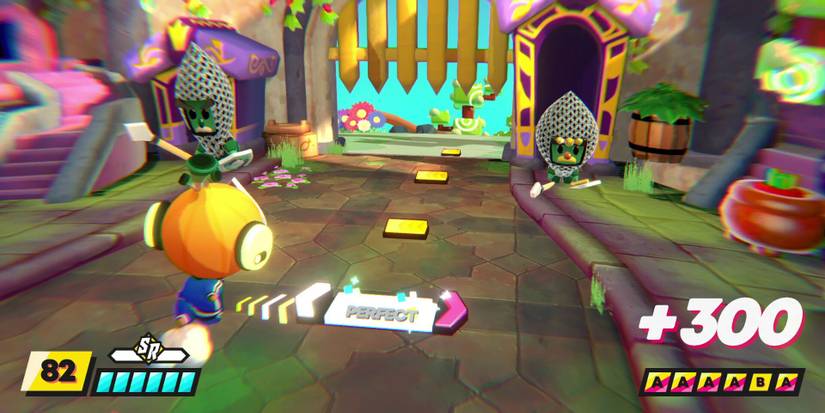 Sprout walking out of the castle in the first level of Rhythm Sprout