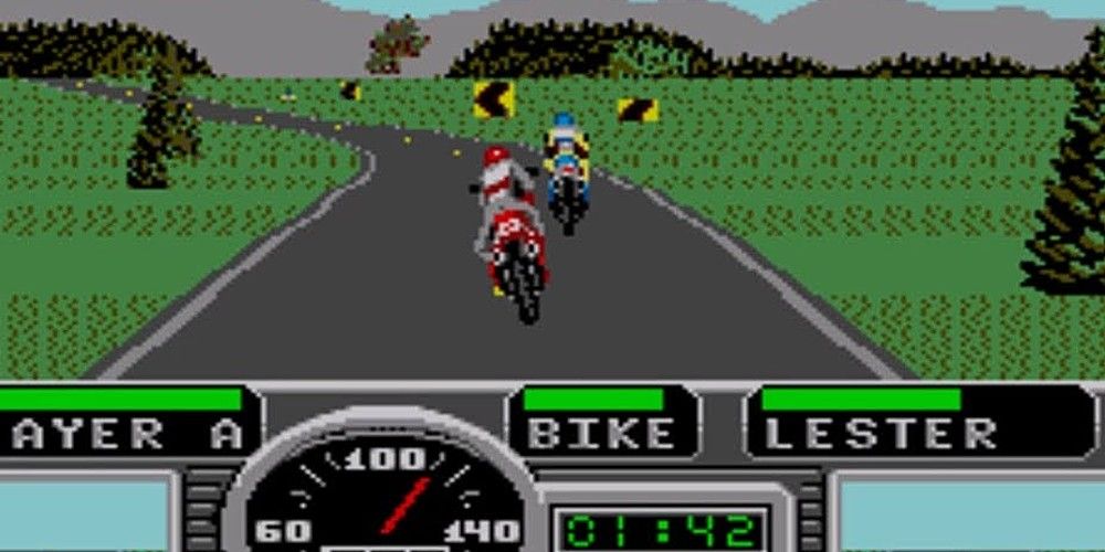 Road Rash Master System driving on windy road with bikers