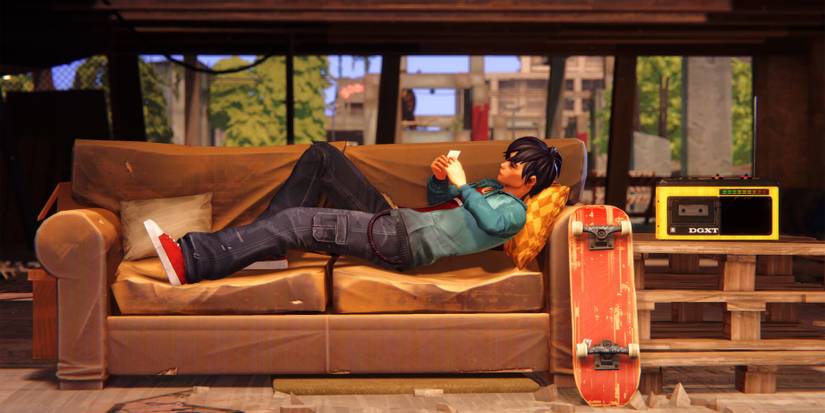 Kaito on their phone laying on a couch in Road 96: Mile 0