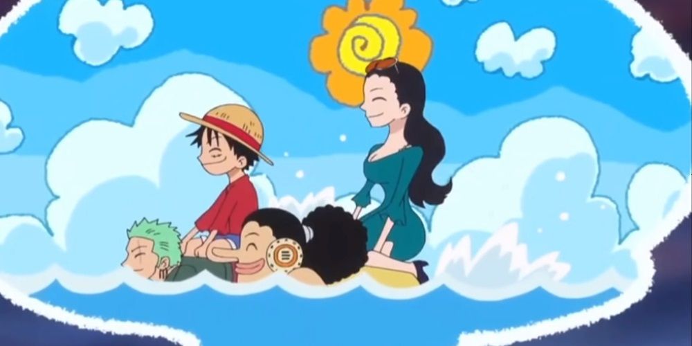 Robin's thought about her and Luffy being carried by Zoro and Usopp in the One Piece anime