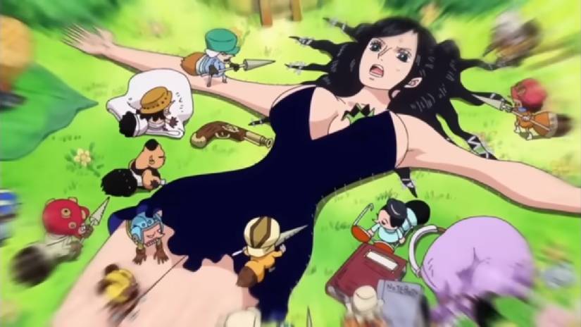 A restrained Robin encountering the Tontatta Tribe for the first time in One Piece