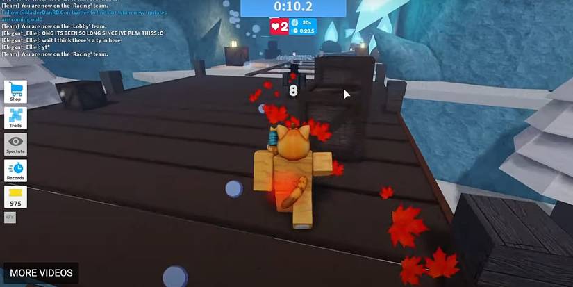 Roblox Speed Race blocky cat running across bridge in icy map