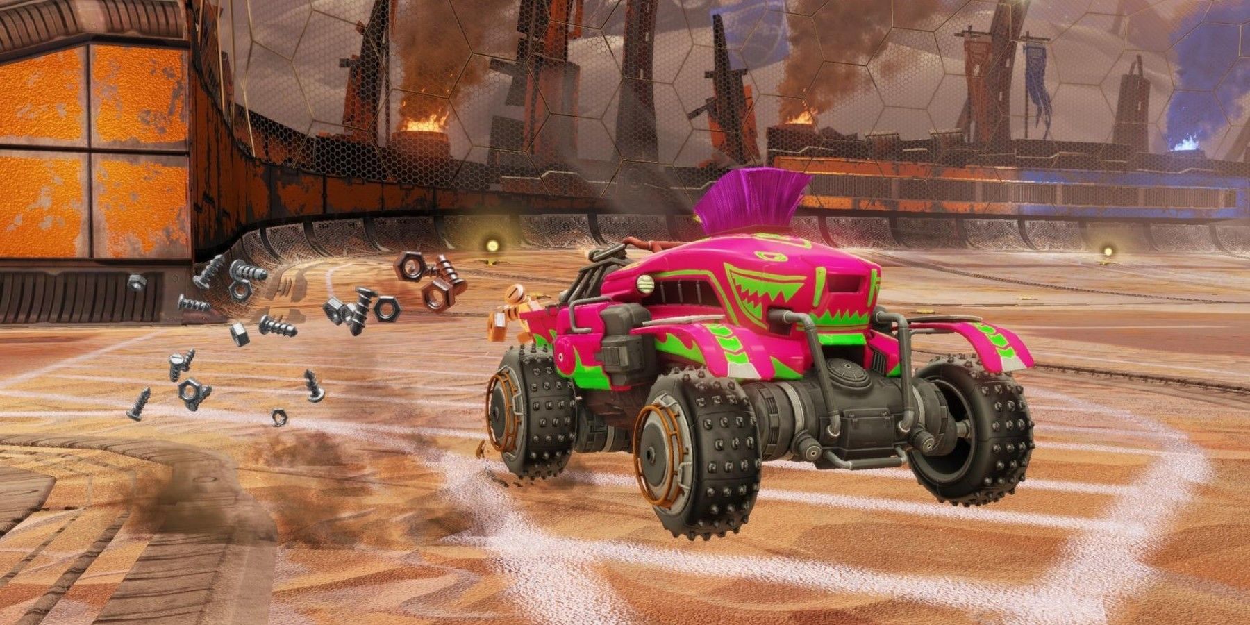 Rocket League Grog car kicking up dust desert arena