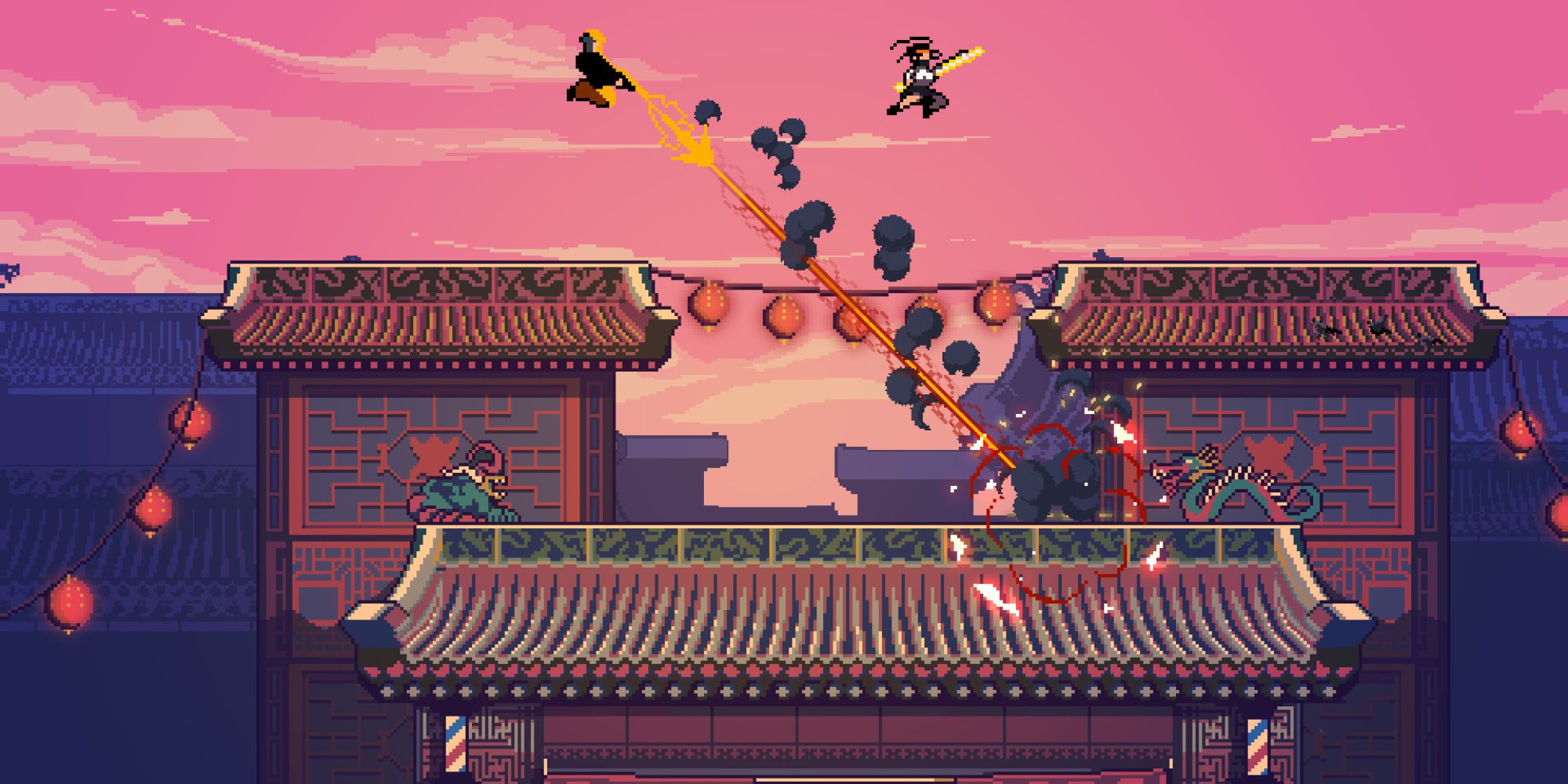 Roof Rage characters fighting in mid-air