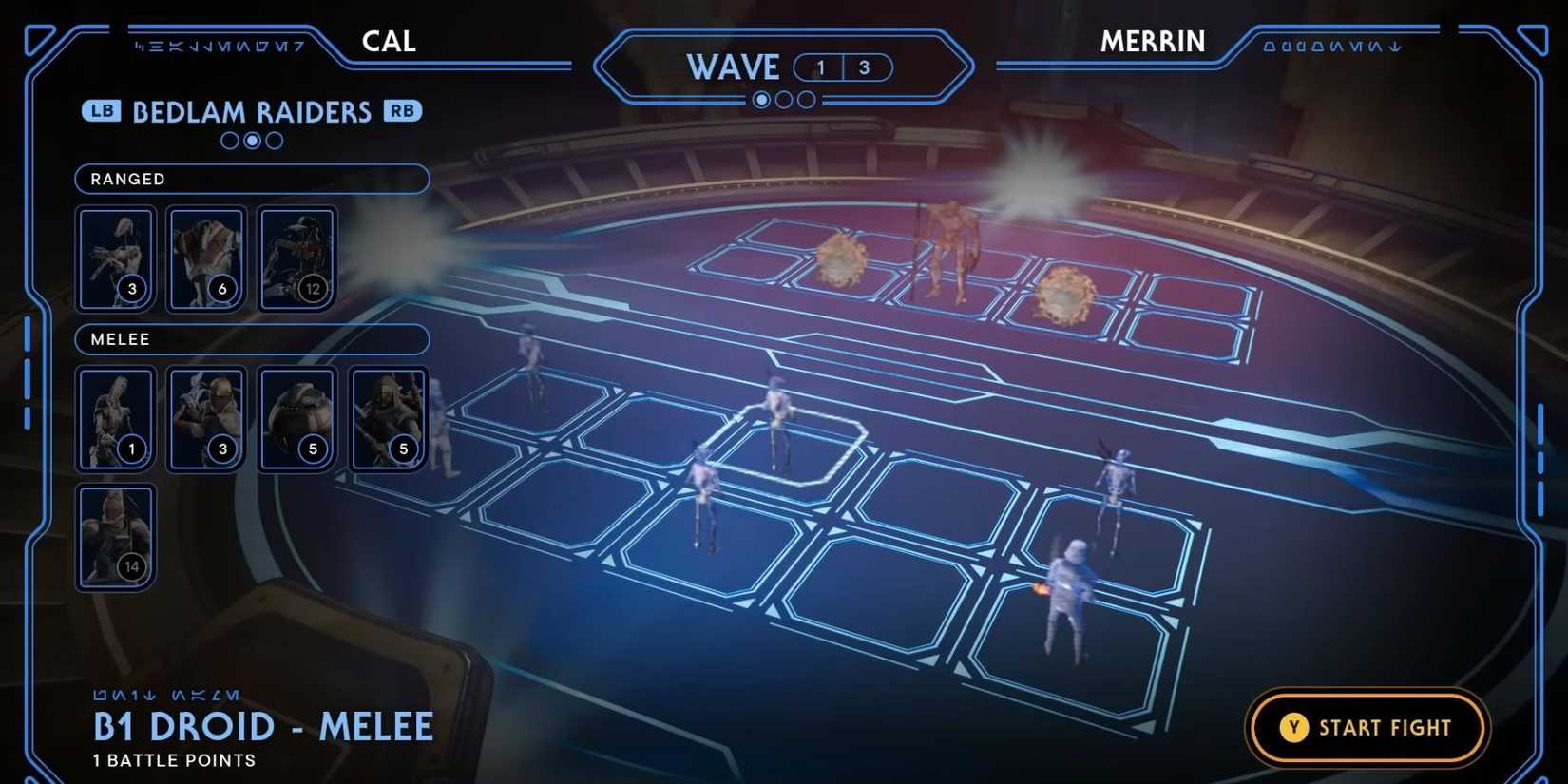 image showing how to beat the first round of merrin fight in holotactics of star wars jedi survivor.