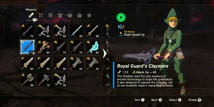 A Royal Guard's Claymore in Link's inventory