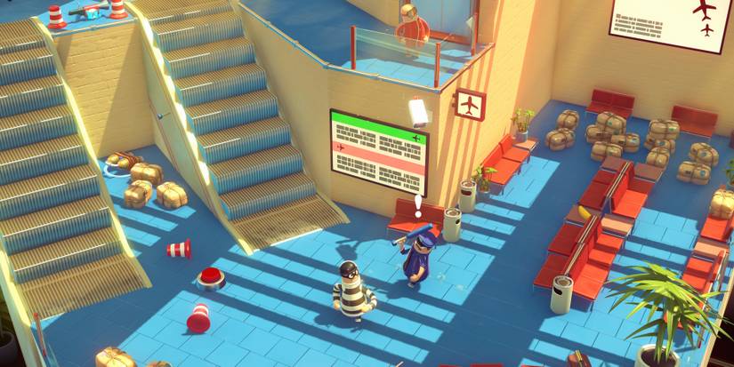 A criminal and a cop standing in the middle of an airport level in Rubber Bandits