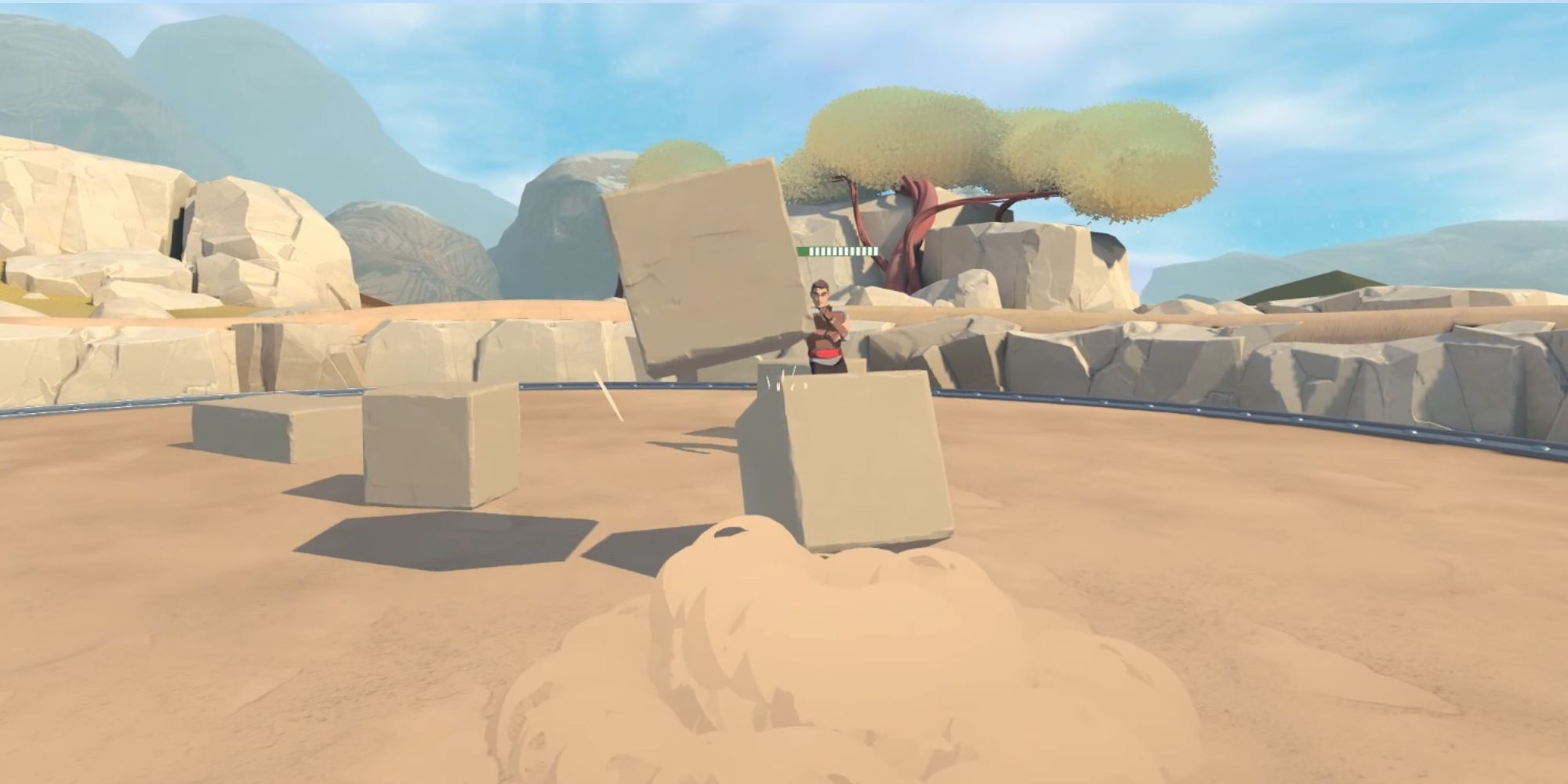 A fighter in RUMBLE hurls a huge earthen cube to the player