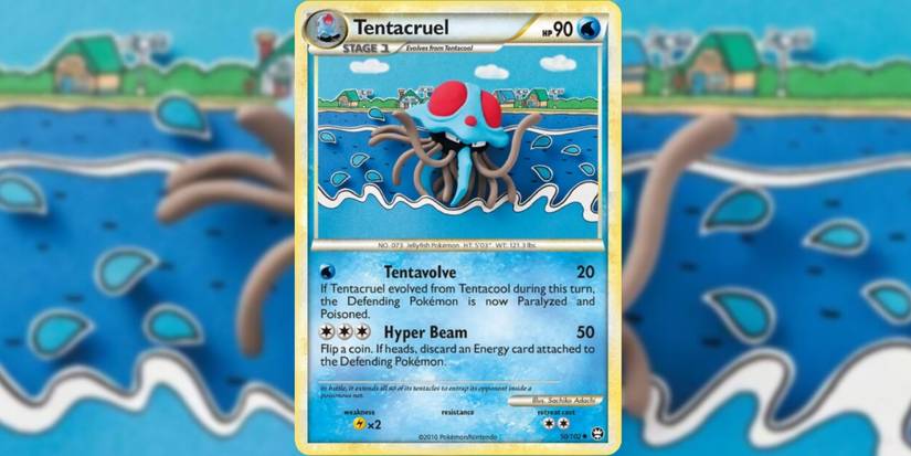 A pokemon card with art from Sachiko Adachi featuring a 3D tentacruel in front of a 2D town