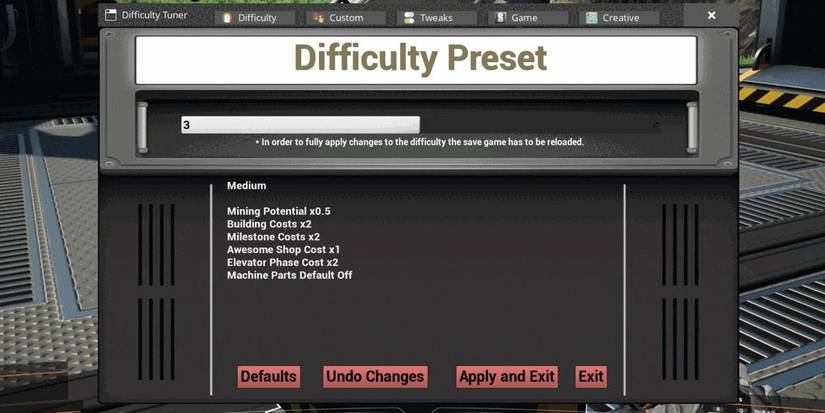 The Difficulty Preset menu in the Difficulty Tuner Satisfactory mod