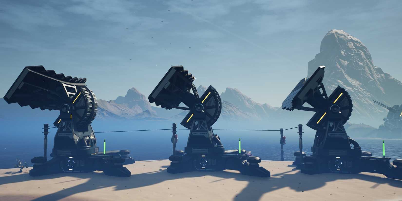 Multiple uplinks that will be sending power to a factory in Satisfactory