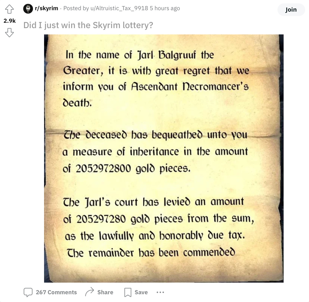 Incredible Skyrim Inheritance: NPC Leaves Player Insane Amount of Gold