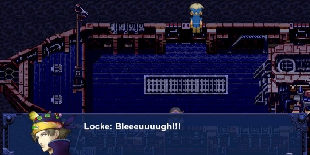 Locke throwing up over the side of the ship in Final Fantasy 6