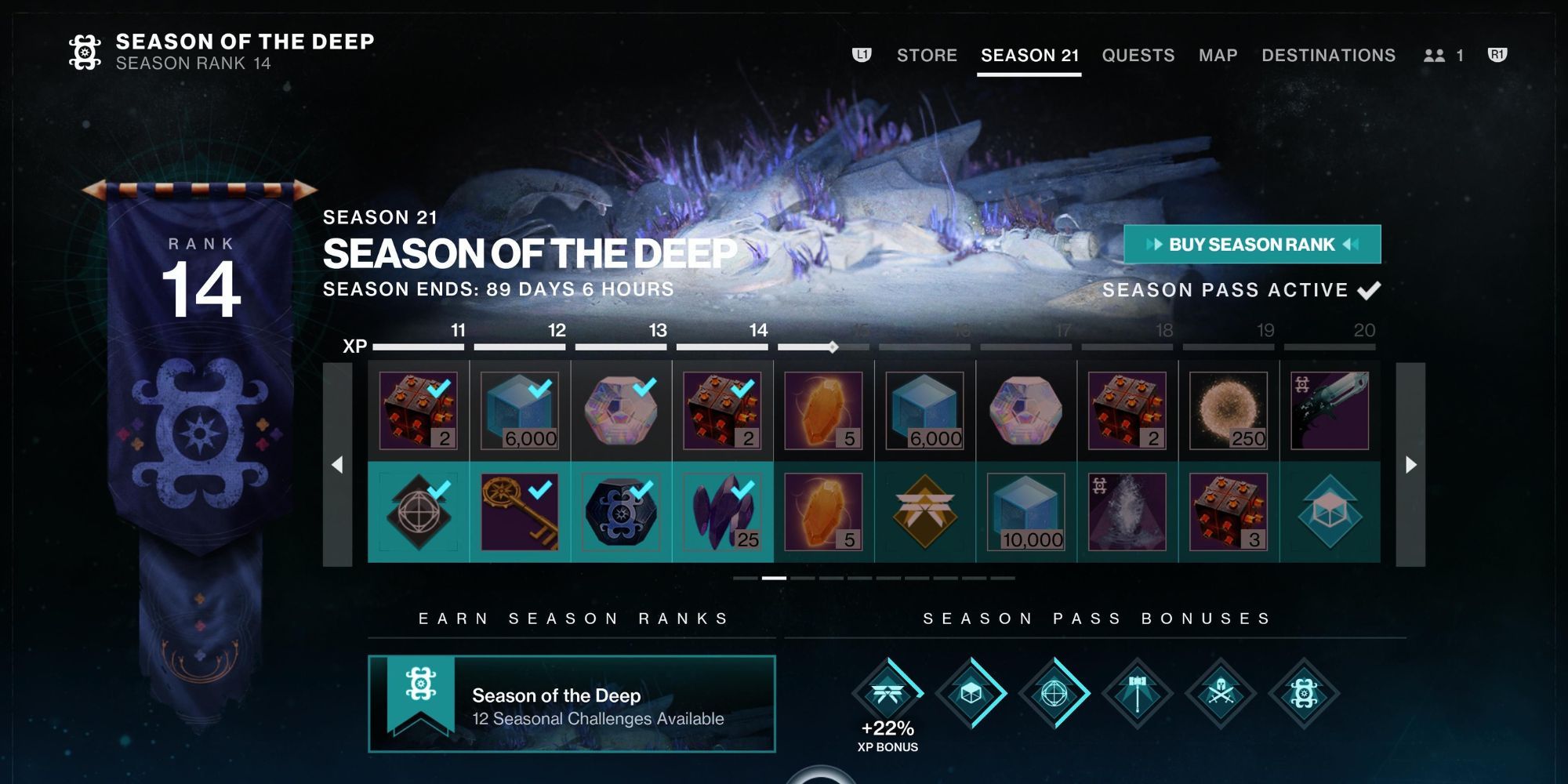 A player at rank 14 of the Season of the Deep Season Pass in Destiny 2