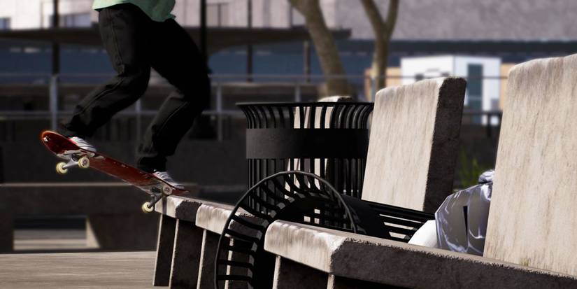 A skater doing tricks on a stone bench in Session: Skate Sim