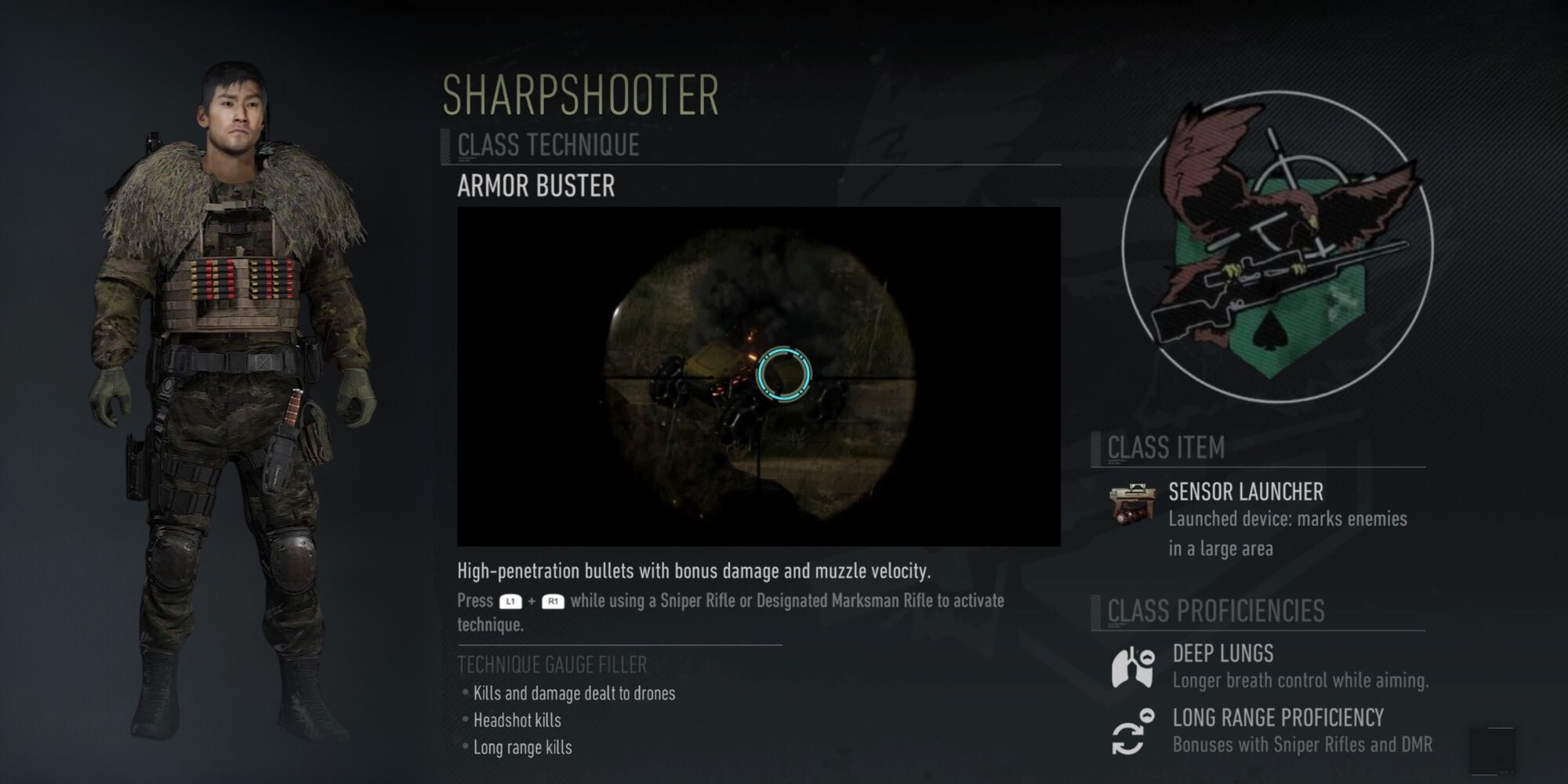 The Sharpshooter class from Ghost Recon Breakpoint accompanied by a solider and the class logo