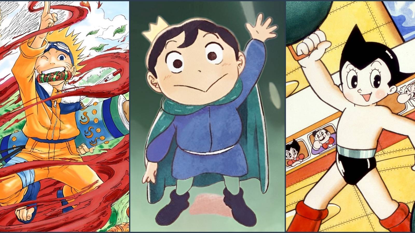Naruto Uzumaki from Naruto, Bojji from Ranking of Kings, and Atom from Astro Boy side by side