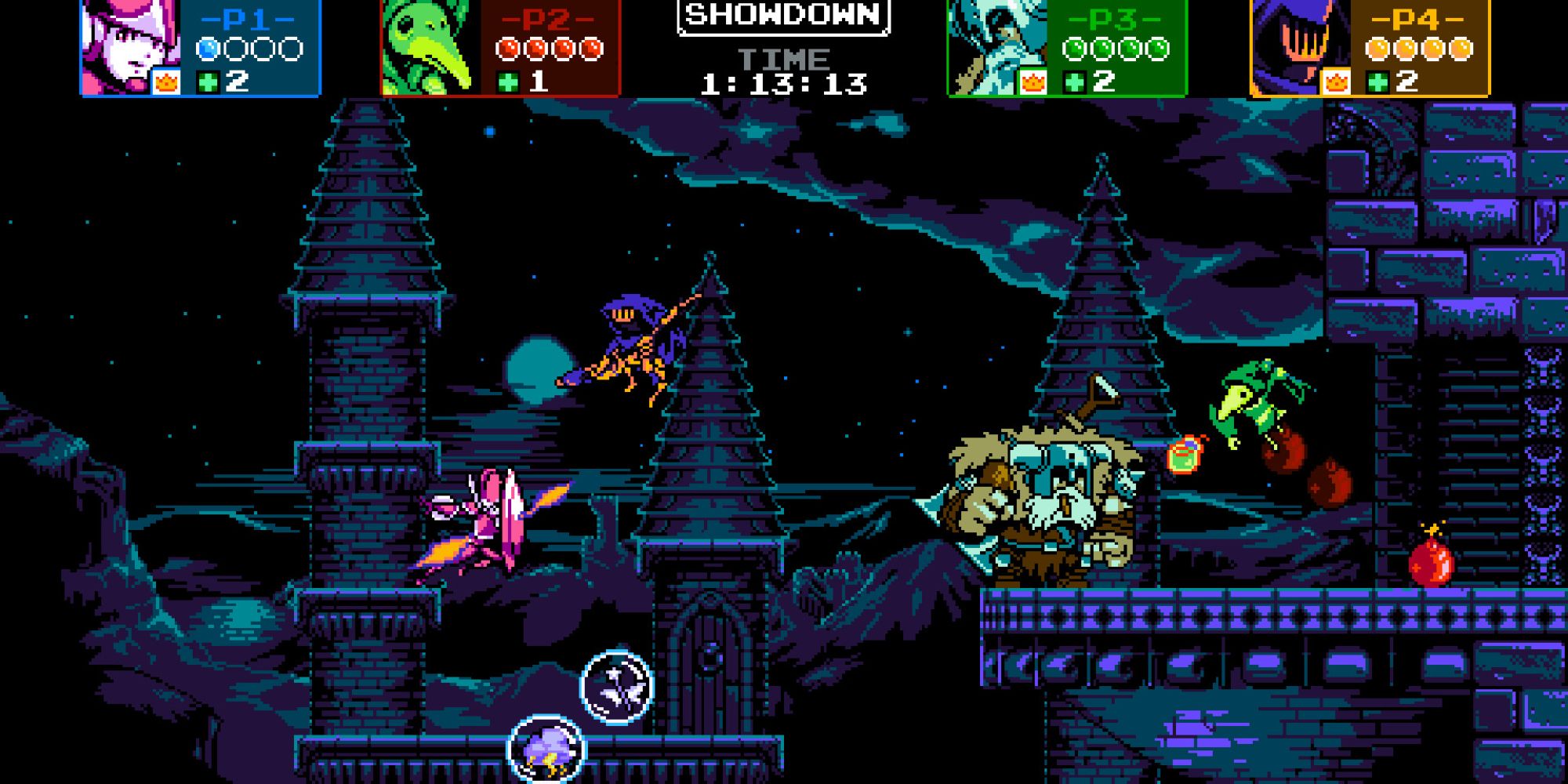 Shield Knight, Specter Knight, Polar Knight, and Plague Knight battling