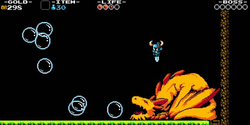 Shovel Knight bouncing on a sleeping dragon