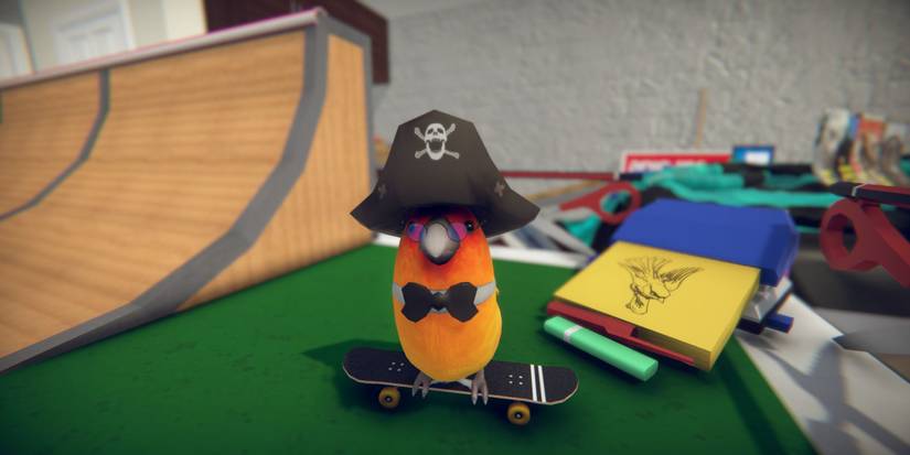 An orange bird with a Pirate hat on a skateboard in SkateBIRD