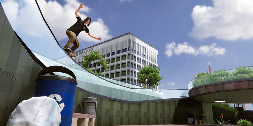 A skater grinding on a glass overhang in Skater XL – The Ultimate Skateboarding Game