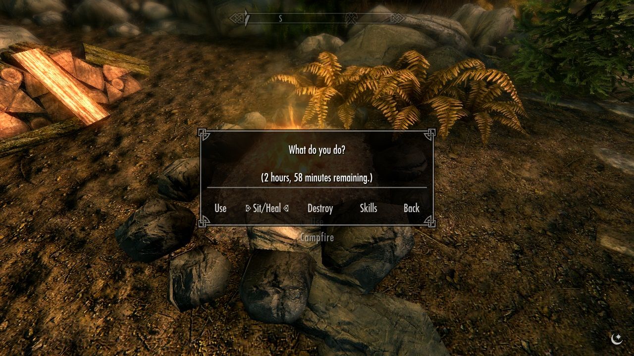 Image from a Skyrim mod showing a campfire with options to sit or heal by it.