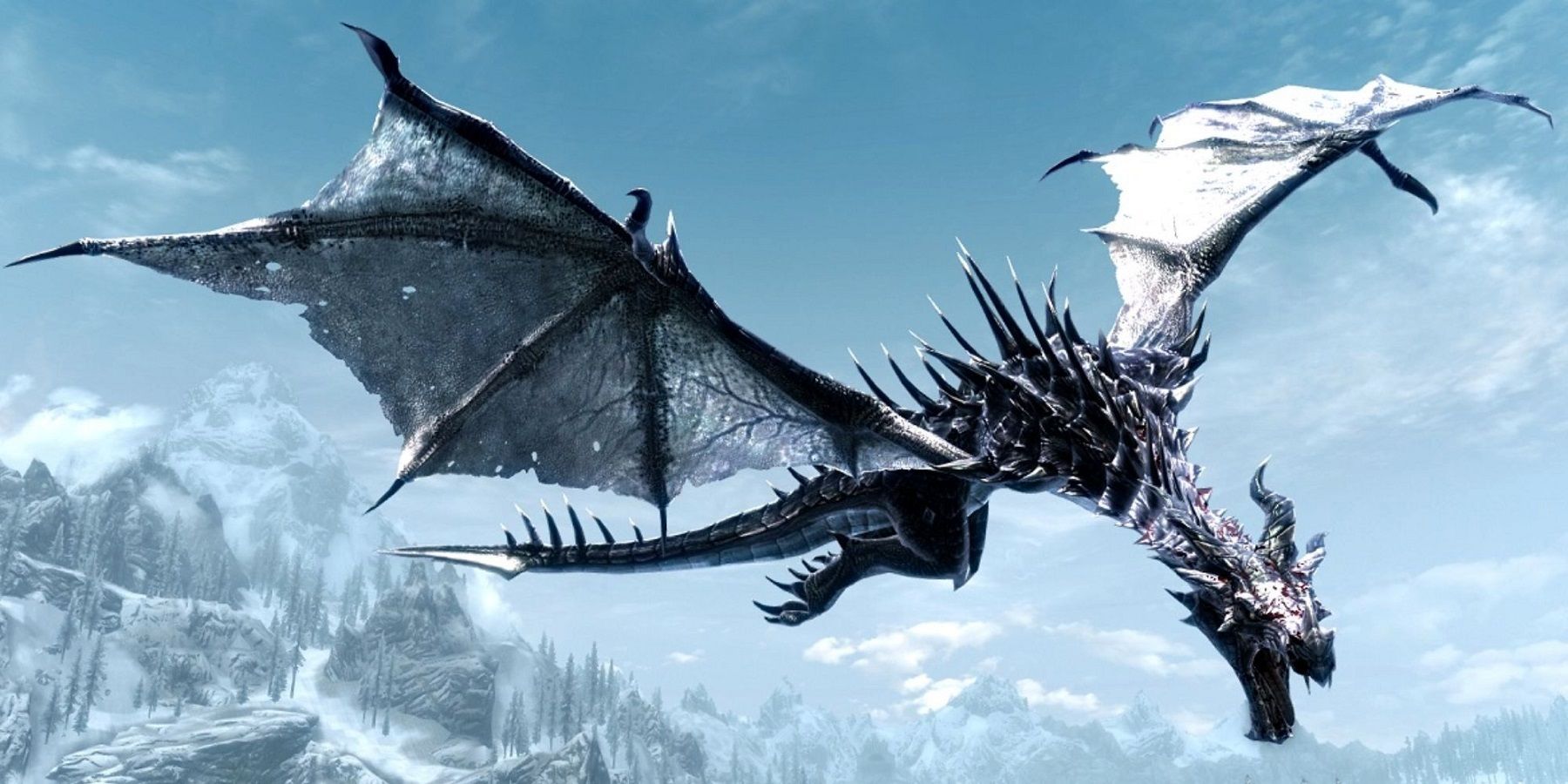 Skyrim dragon flying high in the air.