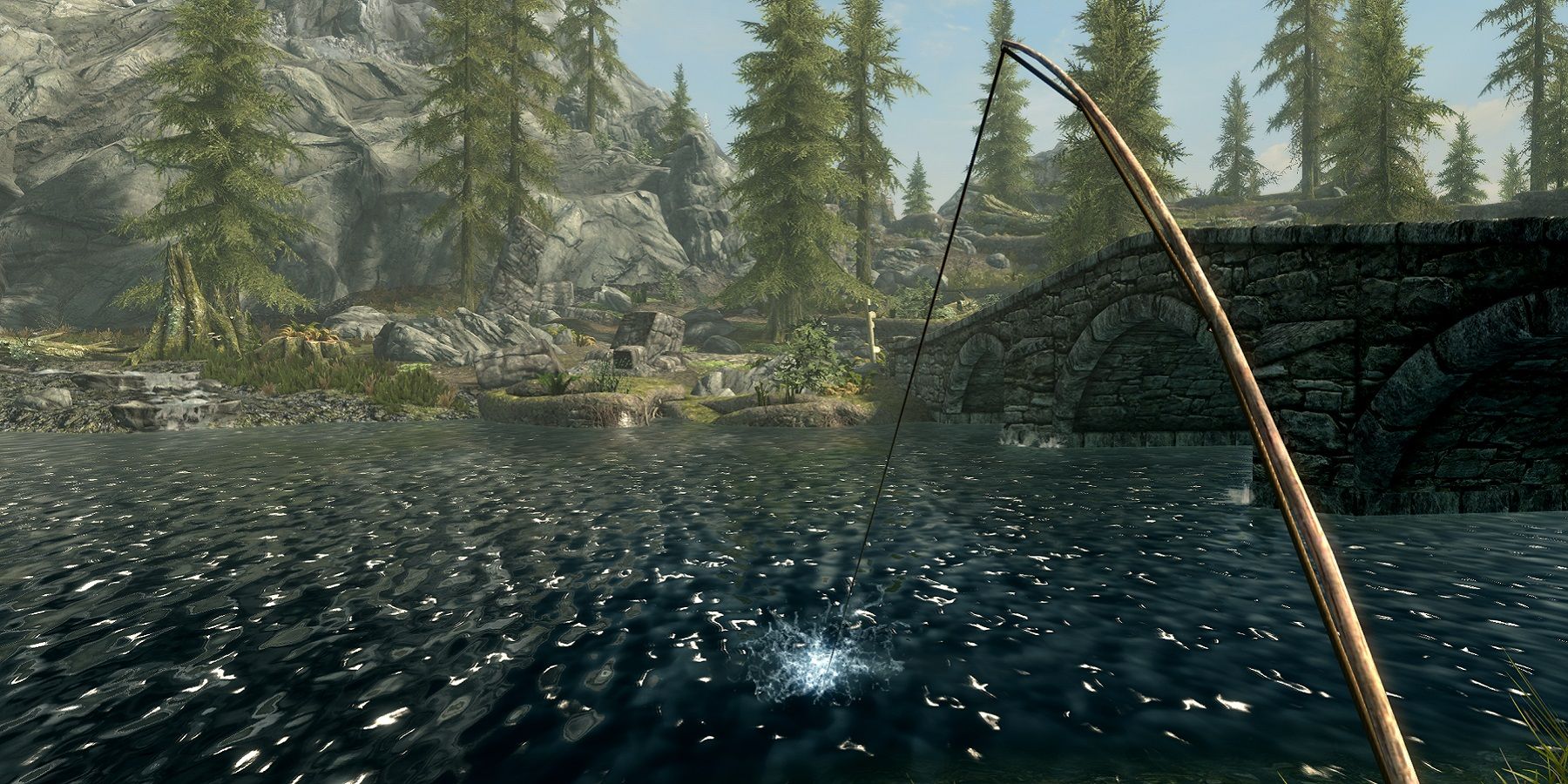 Image from Skyrim showing the player doing a spot of fishing in a river.