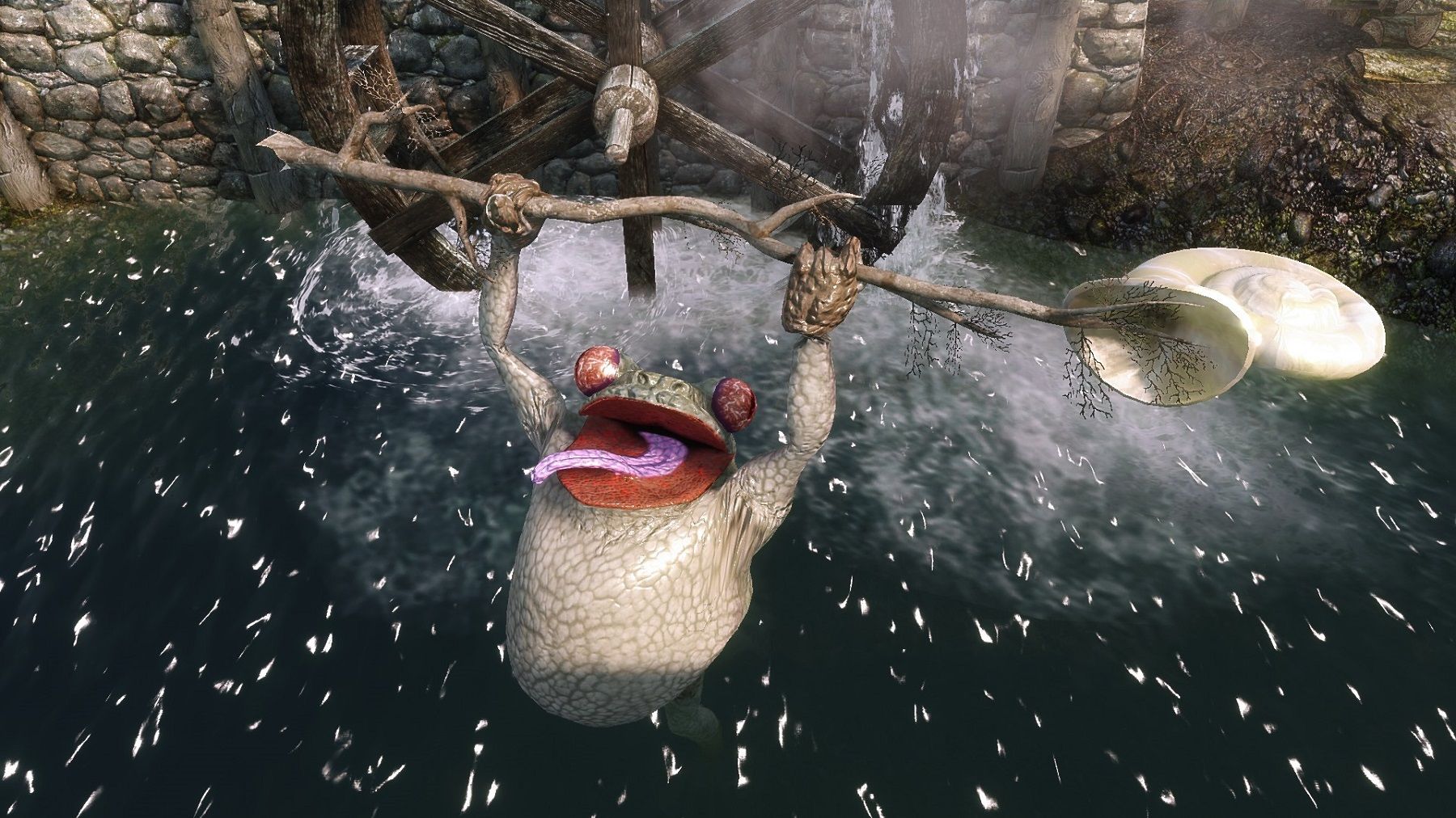 Image from Skyrim showing a giant frog in a river.