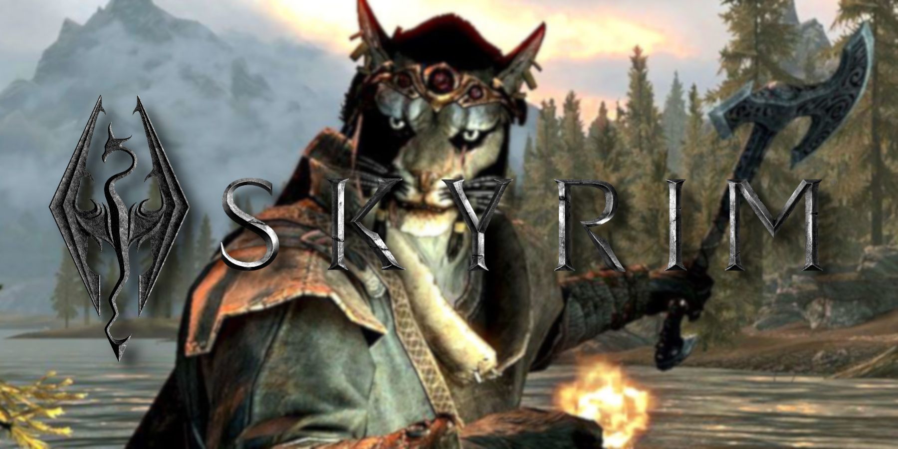 Skyrim logo with a Khajiit holding an axe in the background.