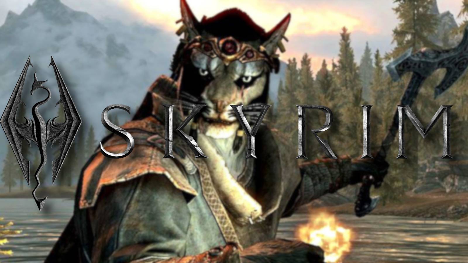 Skyrim logo with a Khajiit holding an axe in the background.