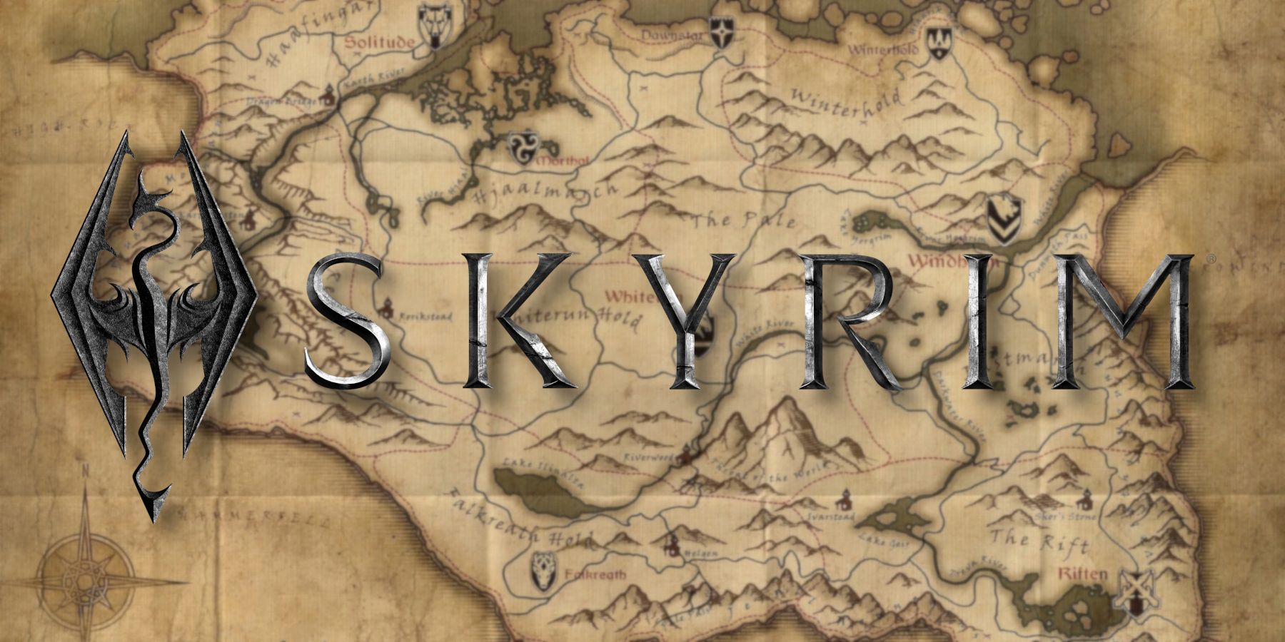 The skyrim logo with the game's world map behind it.