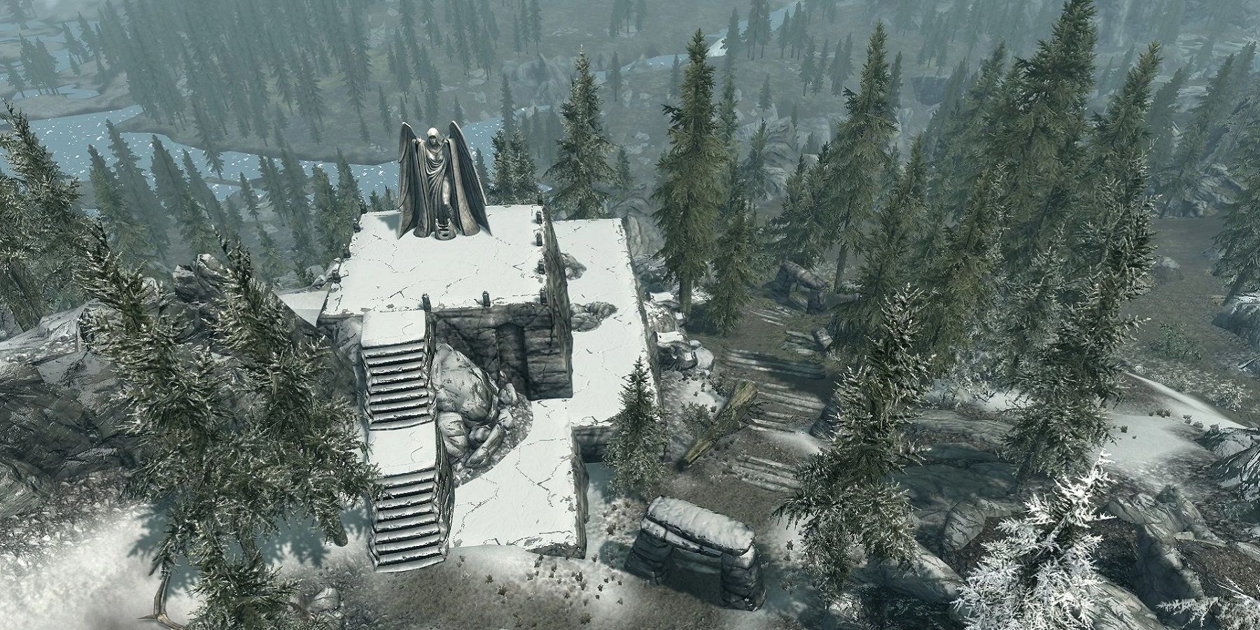 Image from Skyrim showing the statue of Meridia from high above.