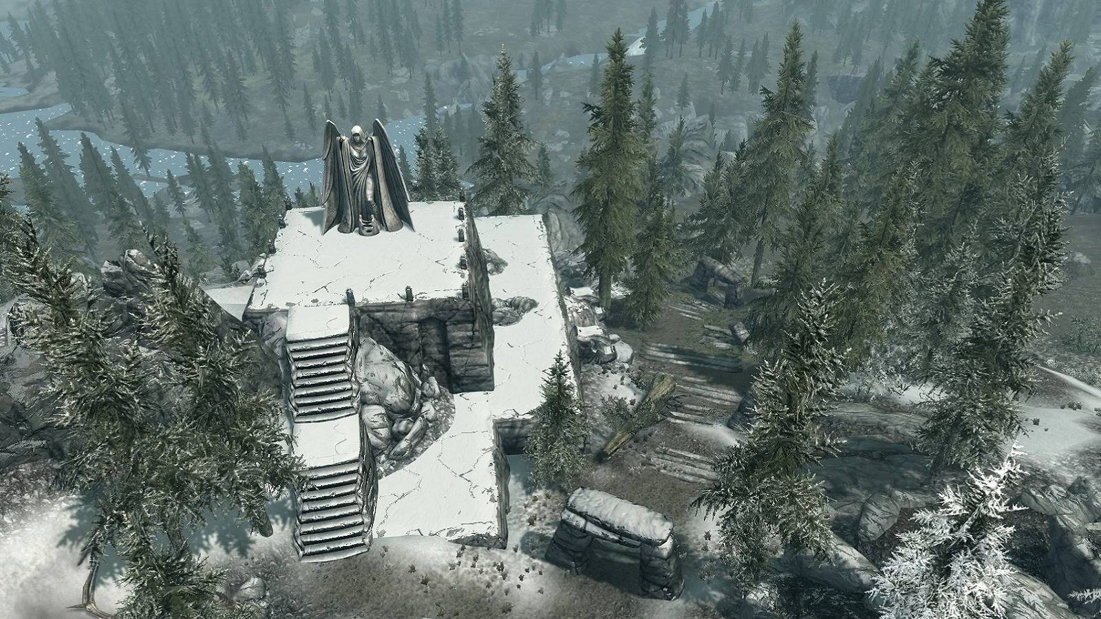 Image from Skyrim showing the statue of Meridia from high above.