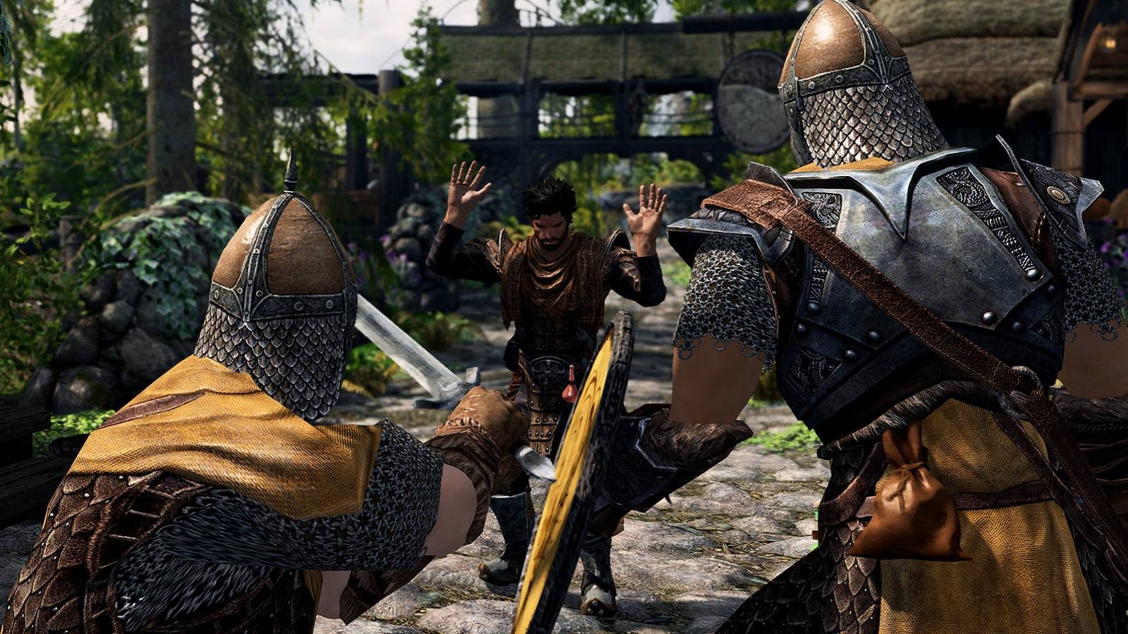 Image from Skyrim showing guards about to arrest an NPC.