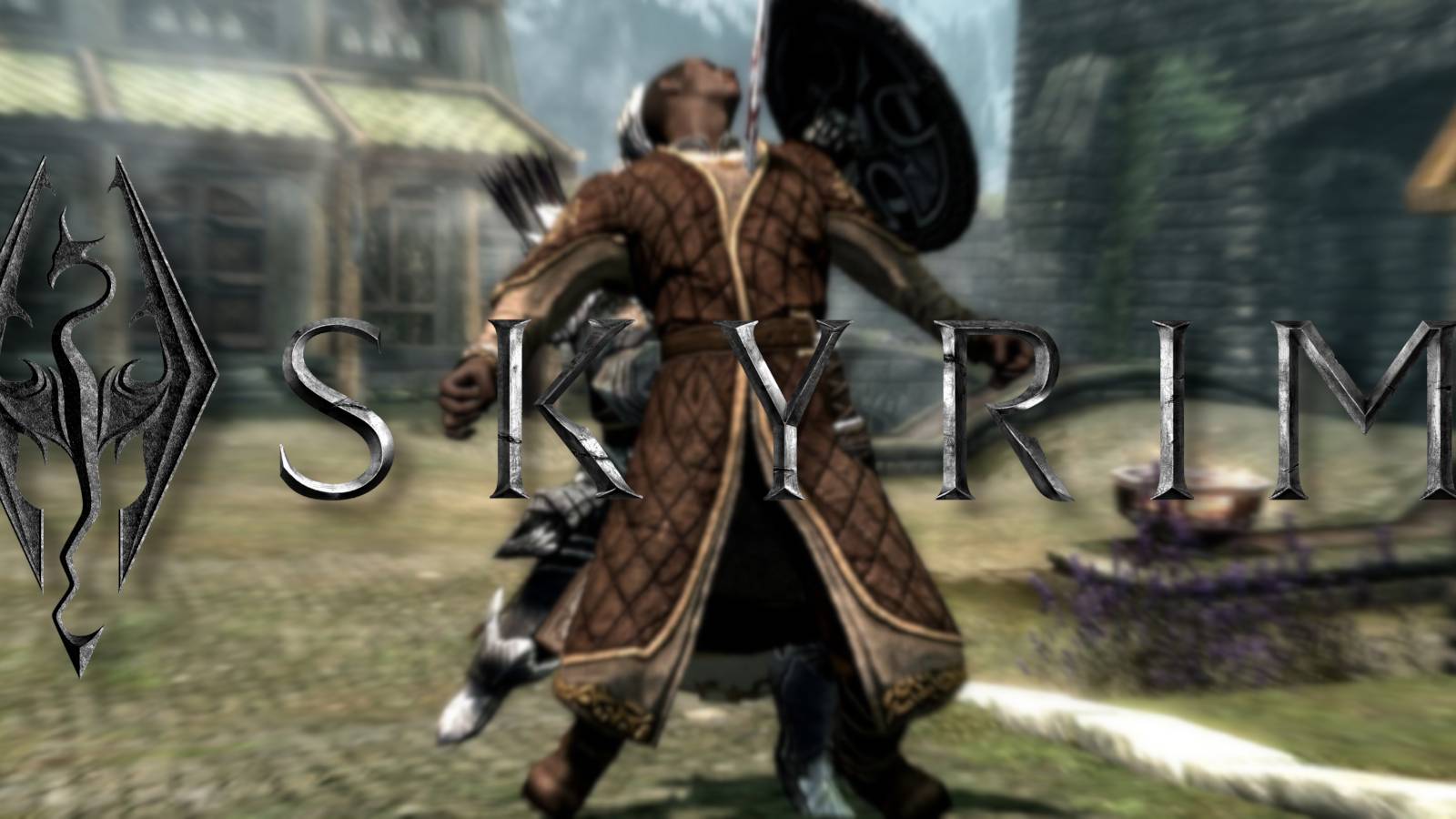 The Skyrim logo with Nazeem being killed in the background.