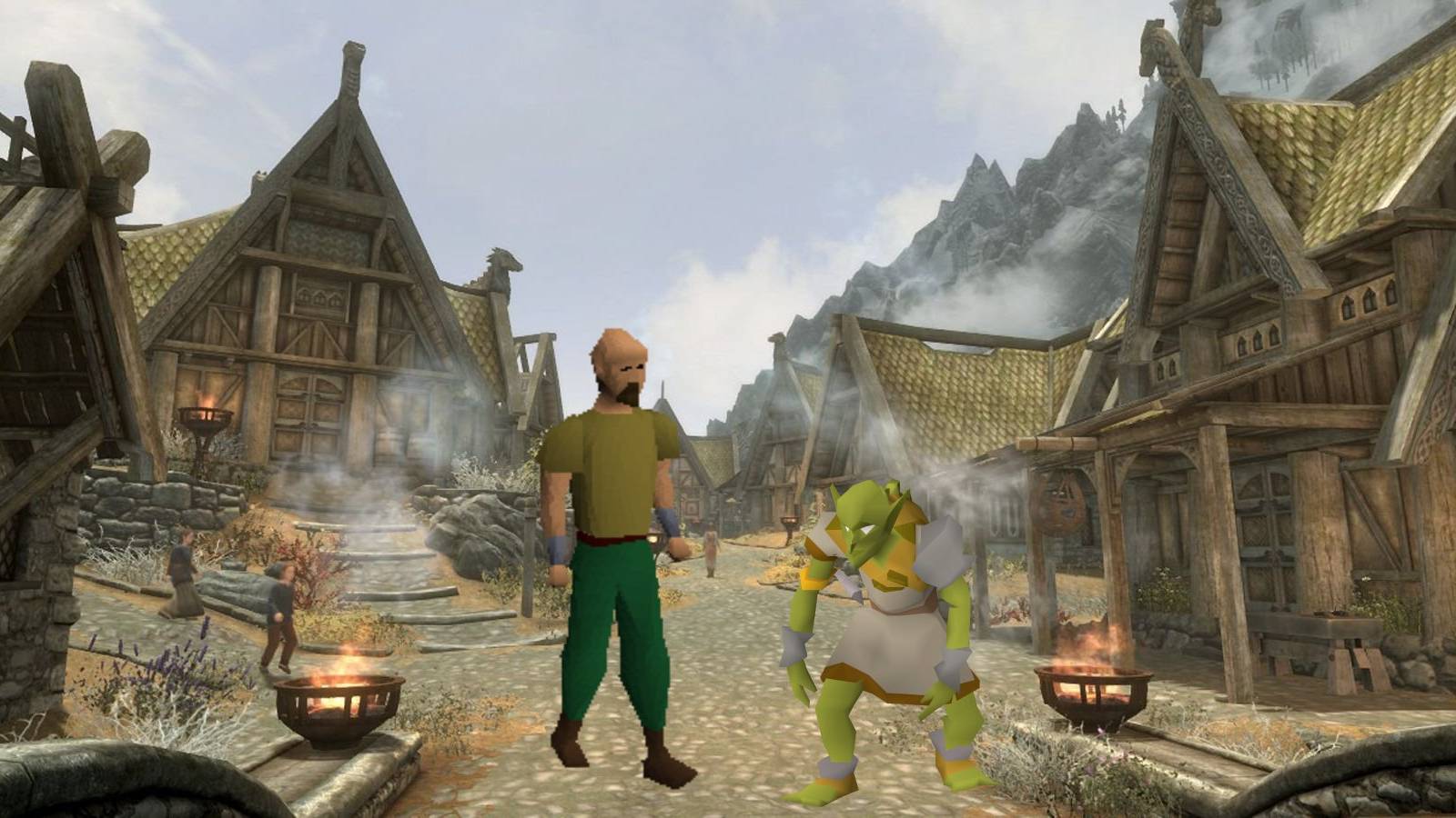 Two Runescape characters walking in a village