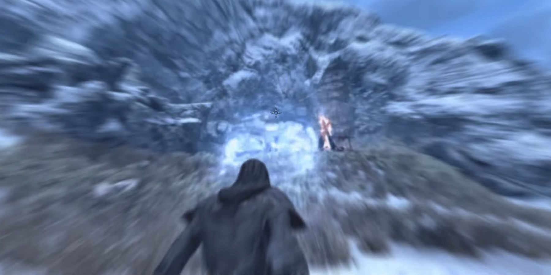 Screenshot from Skyrim showing the player unleashing a powerful Shout.