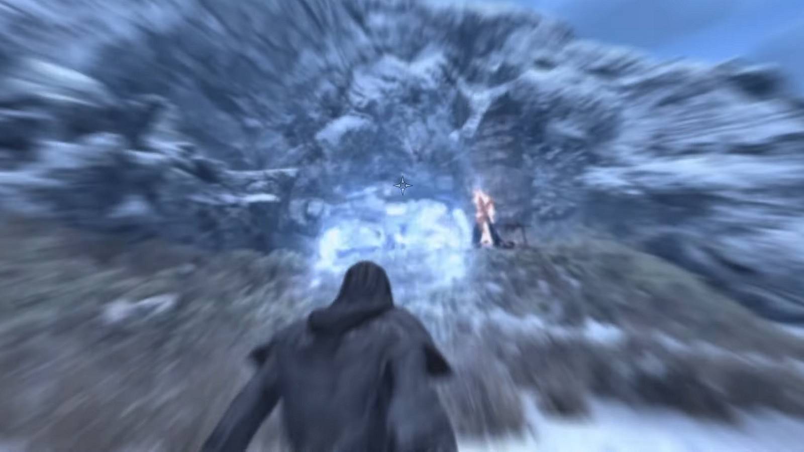 Screenshot from Skyrim showing the player unleashing a powerful Shout.