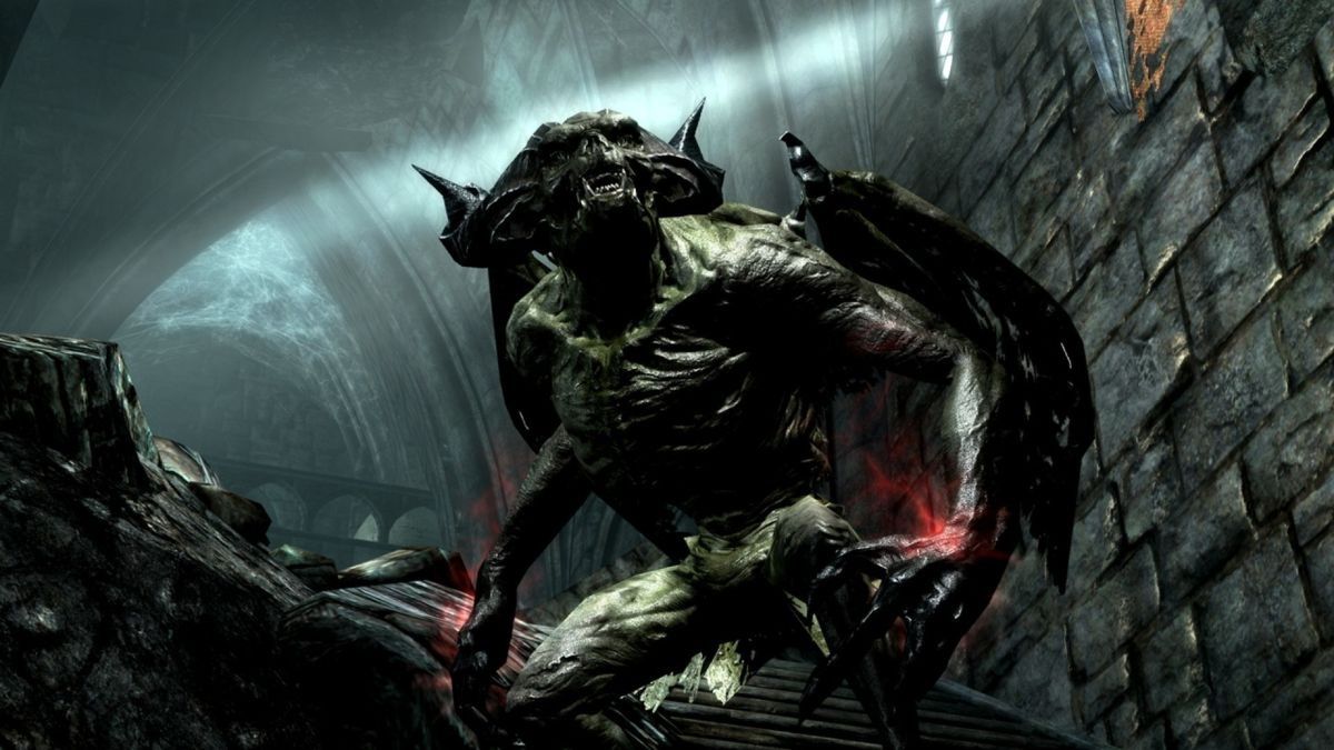 An image from Skyrim showing a vampiric creature that looks like a gargoyle.