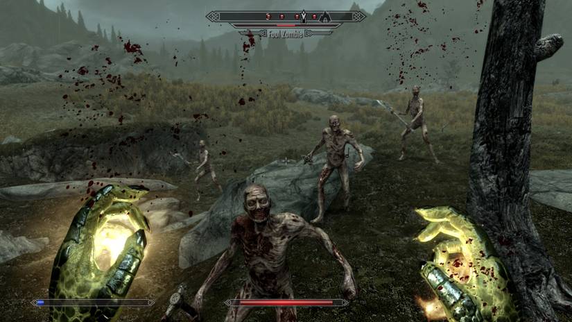 Image from a Skyrim mod showing the player being attacked by hordes of zombies.