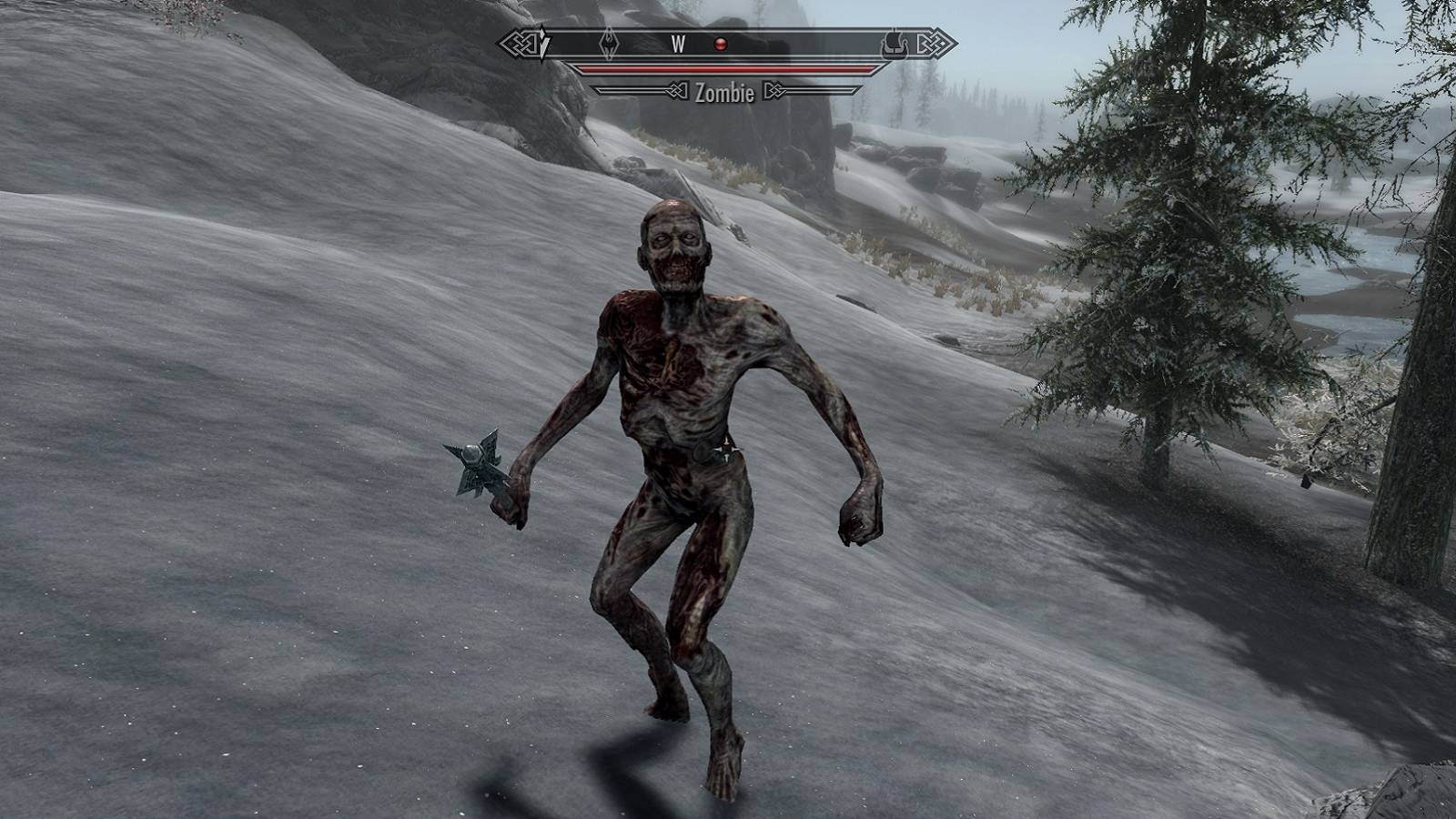 Image from Skyrim showing a zombie stood on a snowy hill.