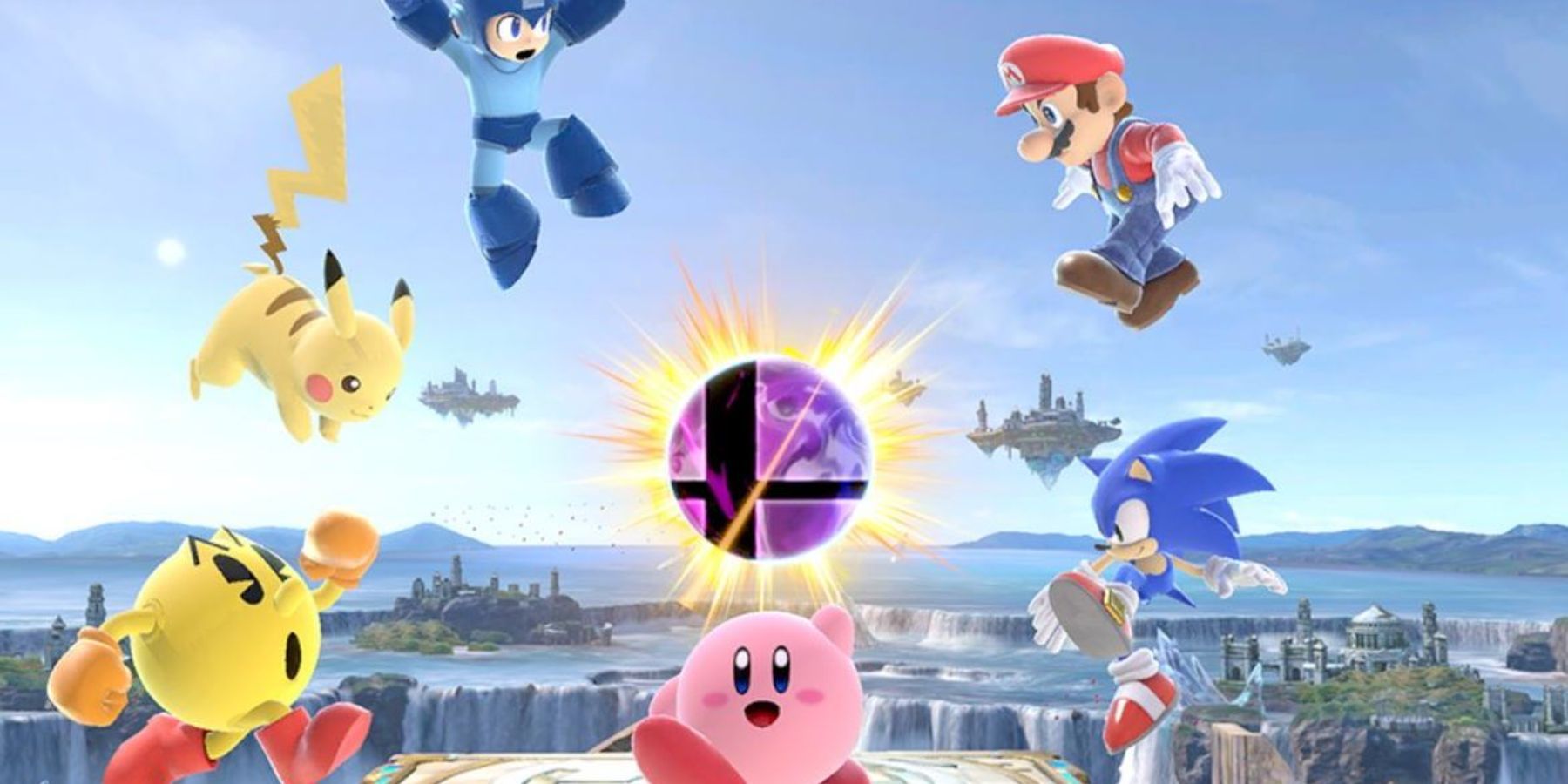 Pikachu, Pac-Man, Mega Man, Kirby, Sonic, and Mario trying to get the Smash Ball