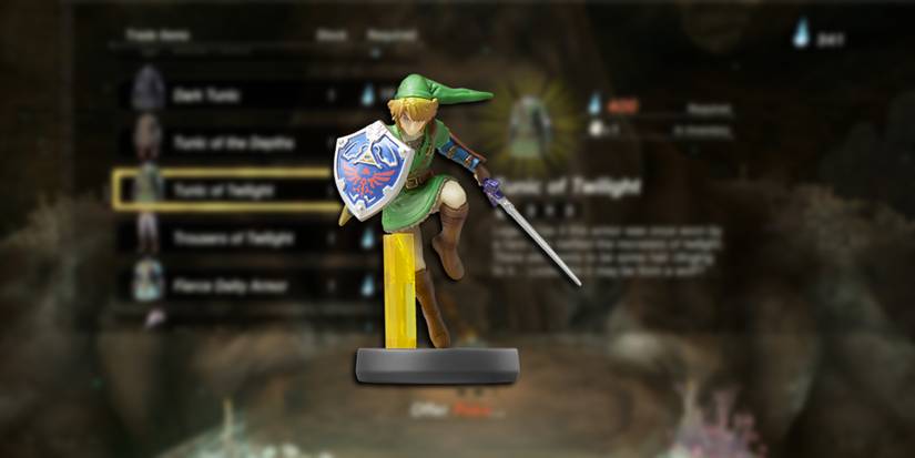 Smash Bros Link Amiibo Over Image Of Bargainer Statue In Tears of the Kingdom