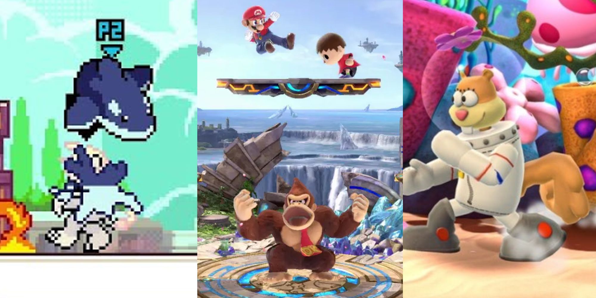Orcane fighting Zetterburn; Donkey Kong fighting Mario and Villager; Sandy Cheeks posing