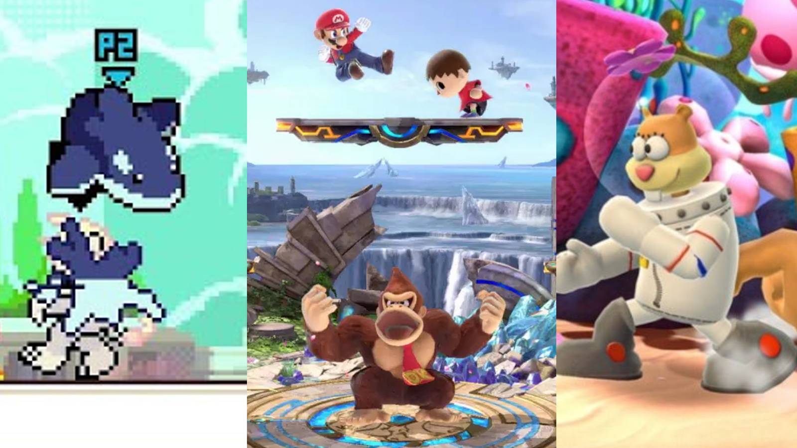 Orcane fighting Zetterburn; Donkey Kong fighting Mario and Villager; Sandy Cheeks posing