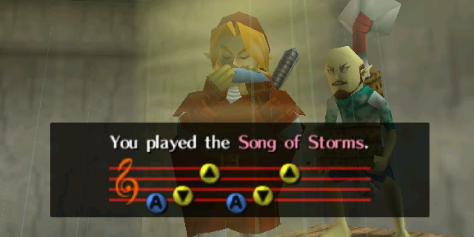 Adult Link playing the Song of Storms in Ocarina