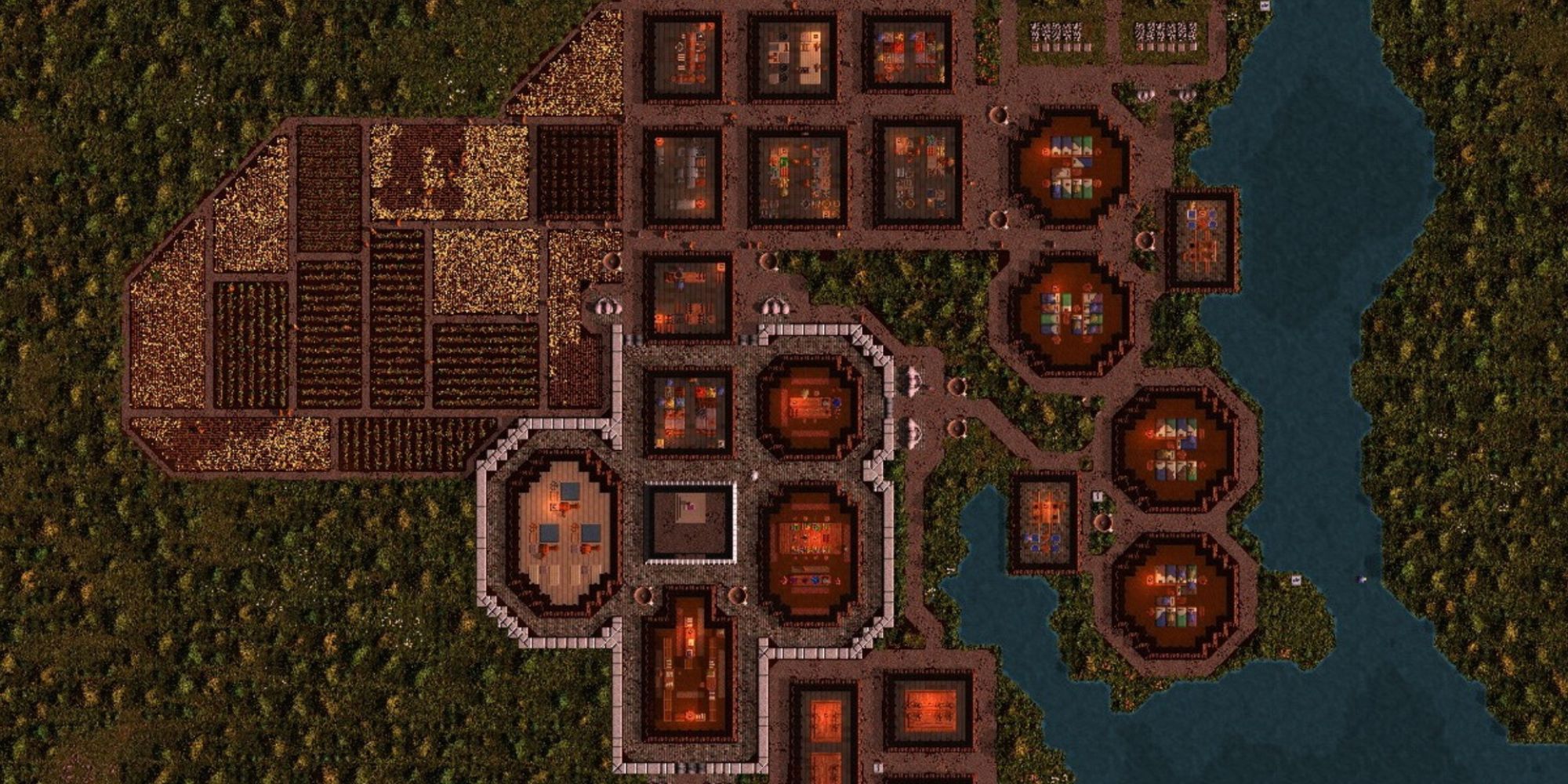 A top-down view of a player's colony in Songs of Syx
